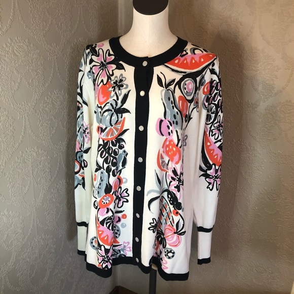 Bob Mackie Sweaters - Bob Mackie Cardigan Fruit NWT black white eclectic sweater Large